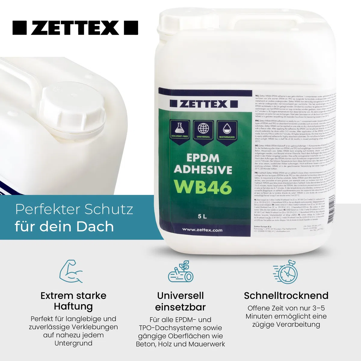 WB46 EPDM Kleber - 5 Liter für bis zu 30m² / Lösungsmittelfrei & wasserbasiert/EPDM Flächenkleber ideal für Holz & Beton Untergründe/EPDM Folienkleber