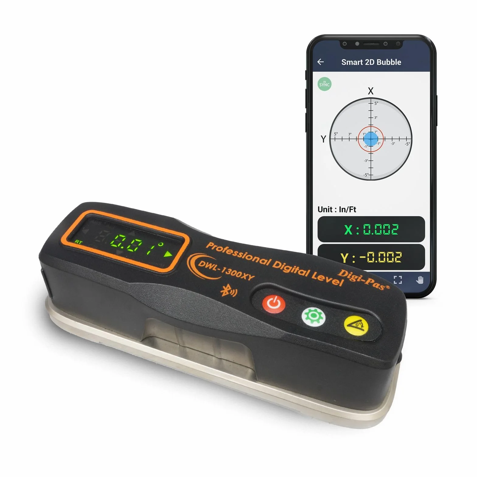 Digi-Pas 2-Achsen Smart Machinist Digitale Wasserwaage DWL1300XY Bluetooth 0,002 Zoll/Fuß (0,2 mm/m)