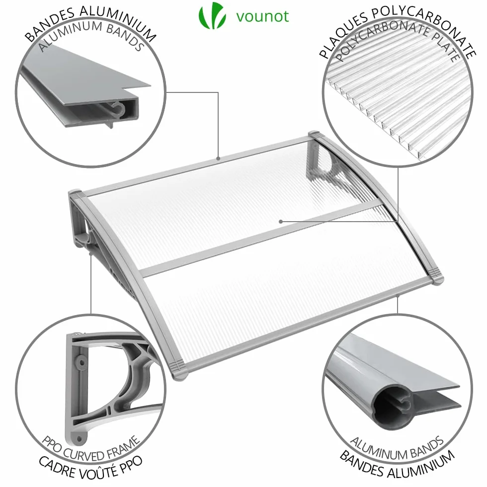 VOUNOT Vordach für Haustür 120 x 80 cm, Überdachung Haustür aus Aluminium und Polycarbonat, Transparentes Pultbogenvordach, Pultvordach