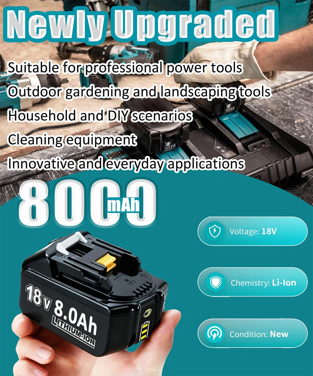 Hohe Kapazität 18V 8.0Ah/8000mAh Verbesserte 2X Ersatzakku für makita + Dual Port 6A Ladegerät DC18RD Kompatibel für BL1860B BL1850B BL1840B BL1830 BL1835 194205-3 LXT-400 with LED Werkzeugakku.