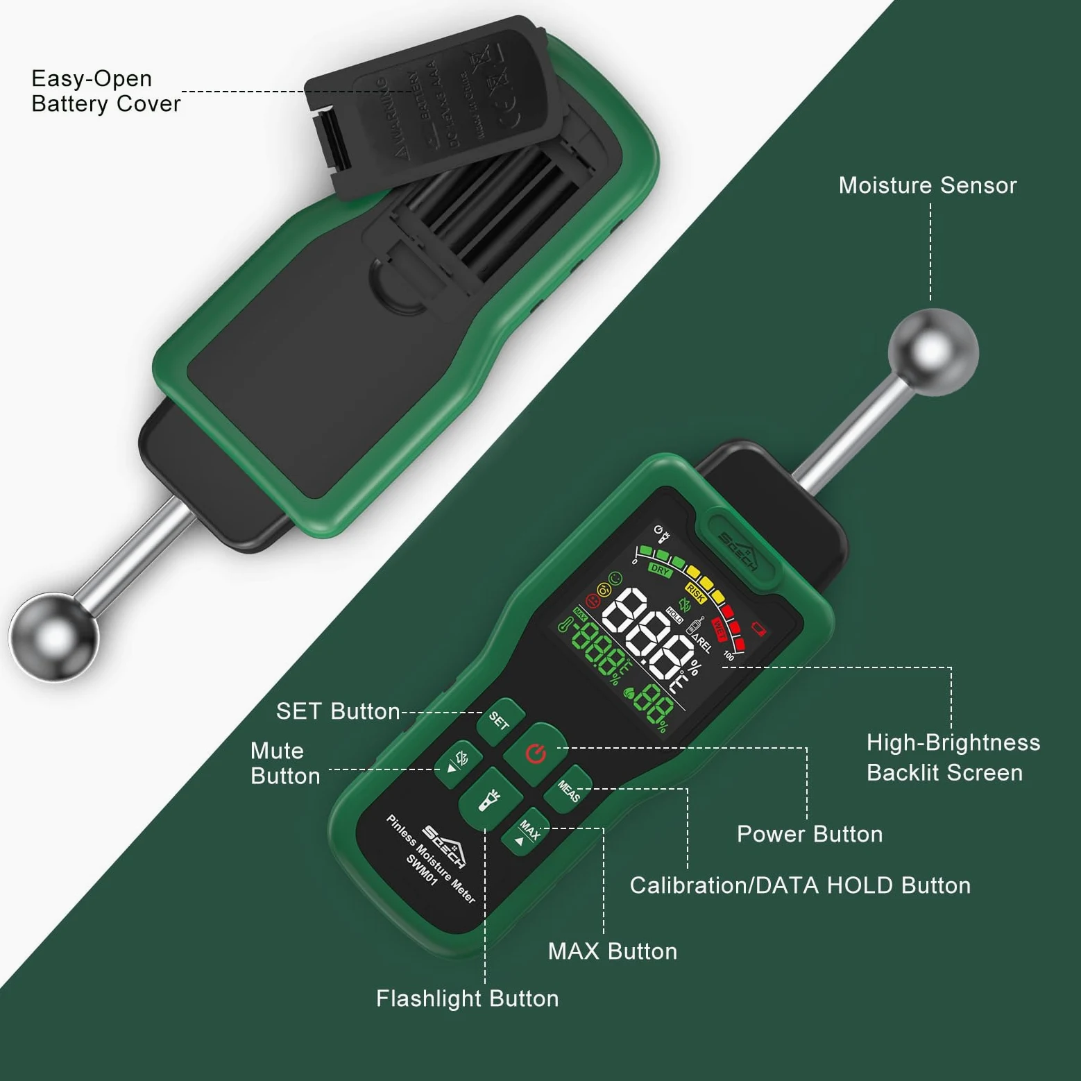 Feuchtigkeitsmessgerät, SQECH Feuchtigkeitsmesser mit Thermometer, Taschenlampe, Alarm, Multifunktionaler Feuchtemessgerät mit Farb-LCD, für Wand, Holz, Mauerwerk,Wohnwagen, Wohnung