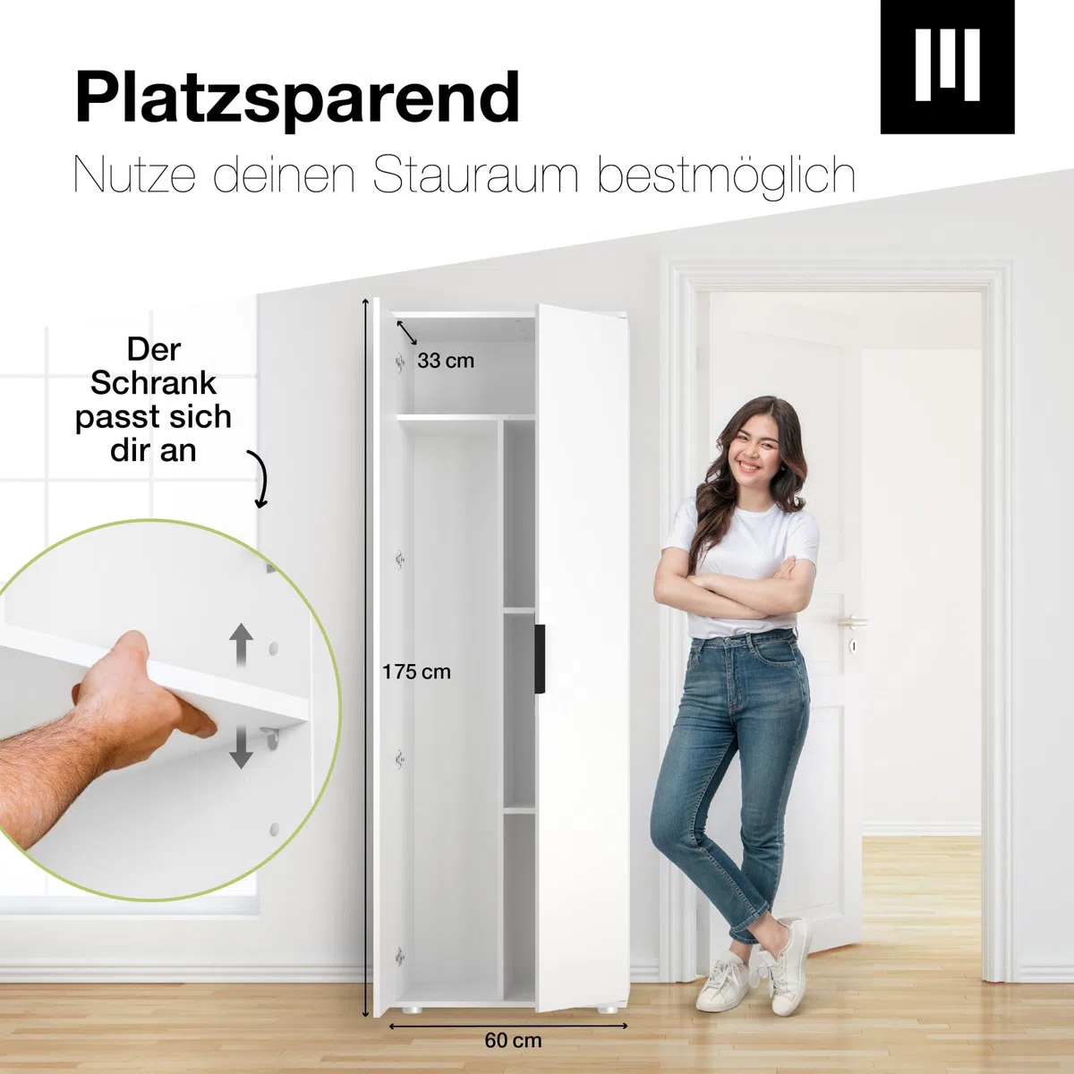 MANUMA Besenschrank 60 cm breit Flurschrank Vorratsschrank - Aufbewahrungsschrank 5 Fächer - Mehrzweckschrank Haushaltsschrank