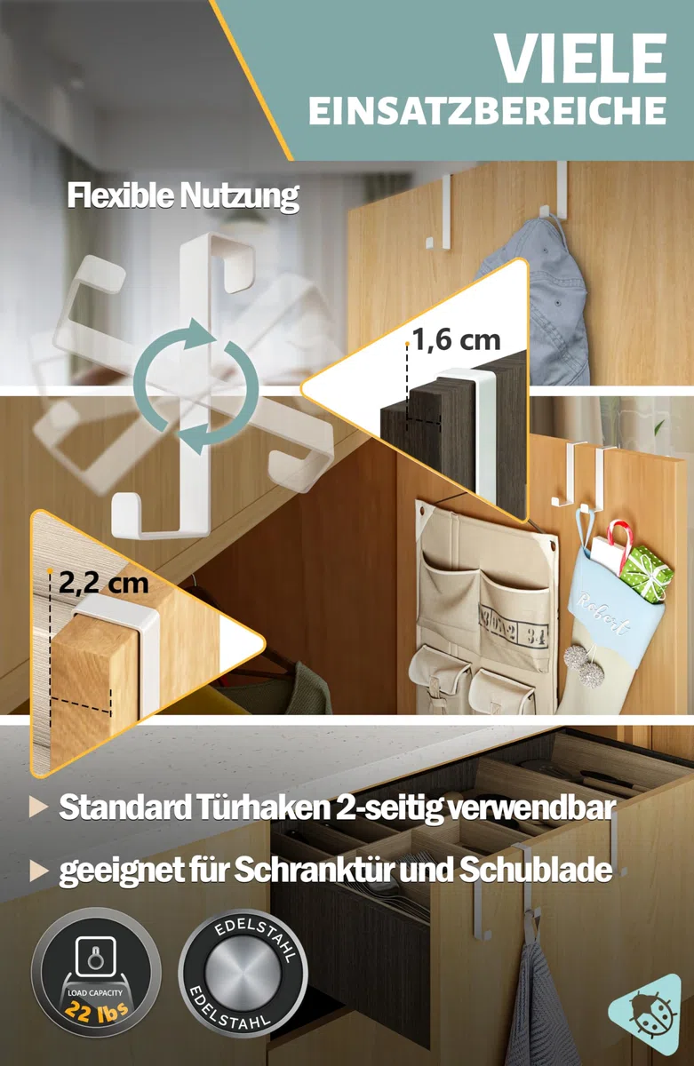 Menz Türhaken zum Einhängen, 10 Stück Set in Weiß - 5 x Standard Kleiderhaken Tür + 5 x Türhaken Innenseite, individuell verwendbar, stabile Türgarderobe, Türhakenleiste