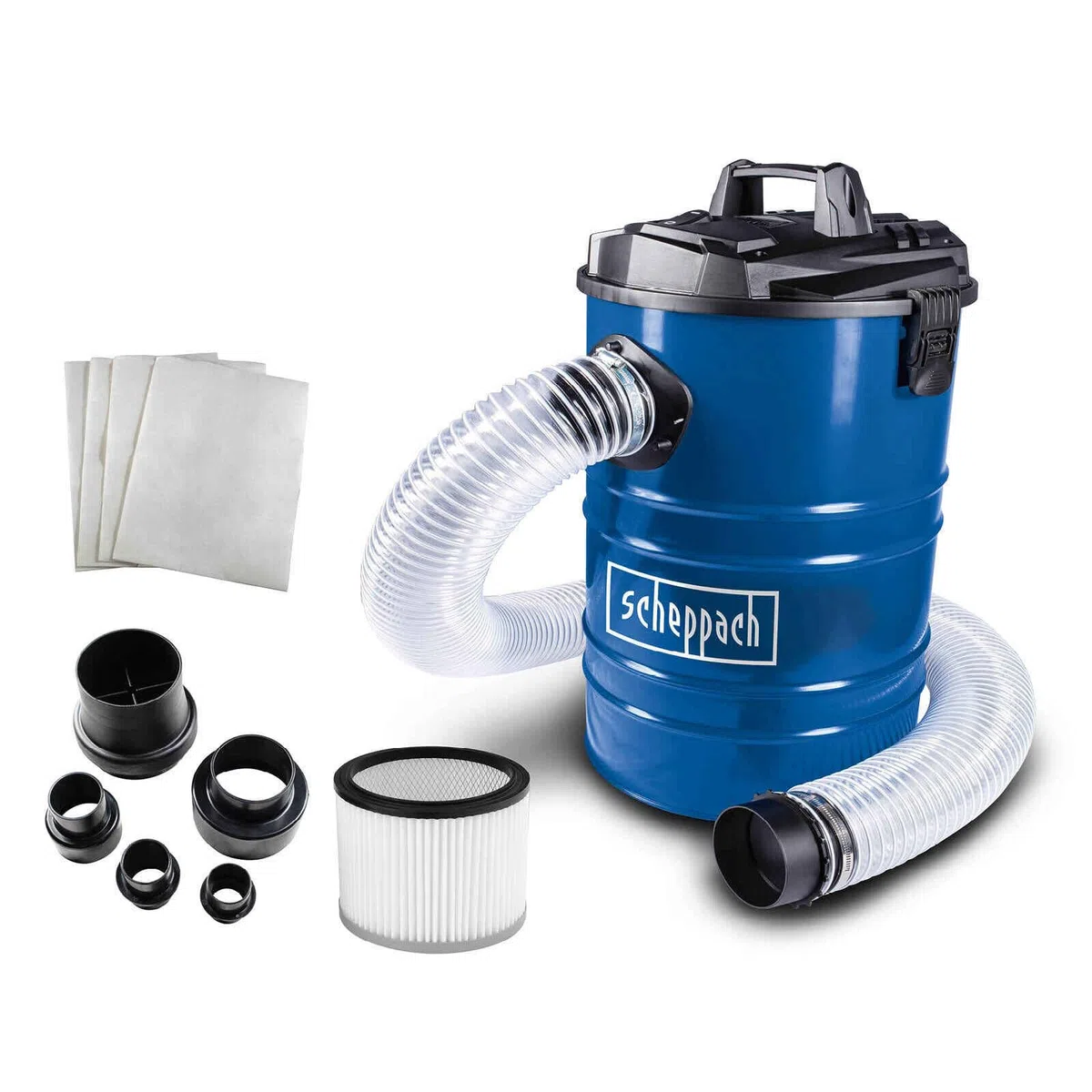 Scheppach Absauganlage DC100 Späneabsaugung mit 4 tlg. Adapterset | Luftleistung 215 m³/h | Füllmenge 65L | Unterdruck 25kPa | Leistung 1200W | Schlauchlänge 2m | inkl. Filterpatrone & 4x Papierfilter