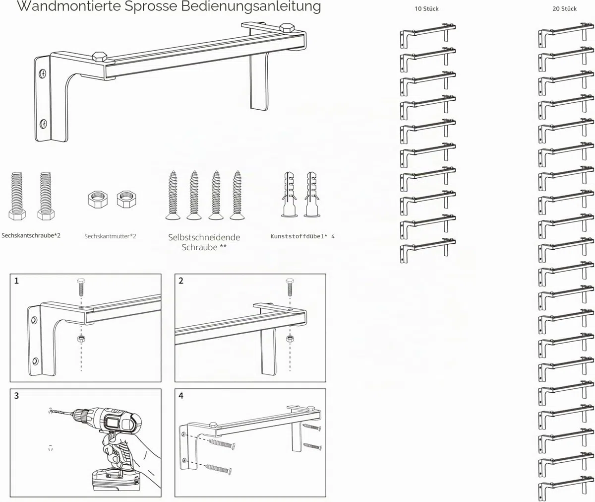 ISOP Wand-Sprossen | 10 Kletter-Sprossen | rutschfeste Sprossen für Feuerflucht | Wandbefestigte Leiter | Schwere Leiter für das Haus | Edelstahl Rostfrei Feuerfest & Extra Stabil | Tragkraft 213 KG