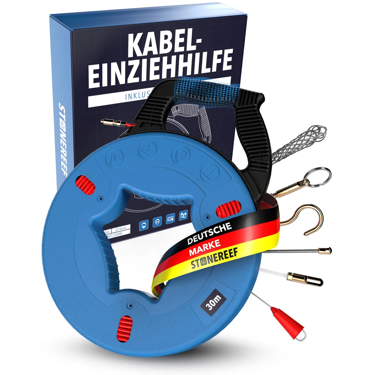 Einziehspirale 30 m – Fiberglas Kabeleinziehhilfe mit Kupferkopf & 5 Zubehörteilen – Kabel Einzugshilfe für Leerrohr, Elektro & Glasfaser – Zugdraht Orange, Griff Schwarz (30)