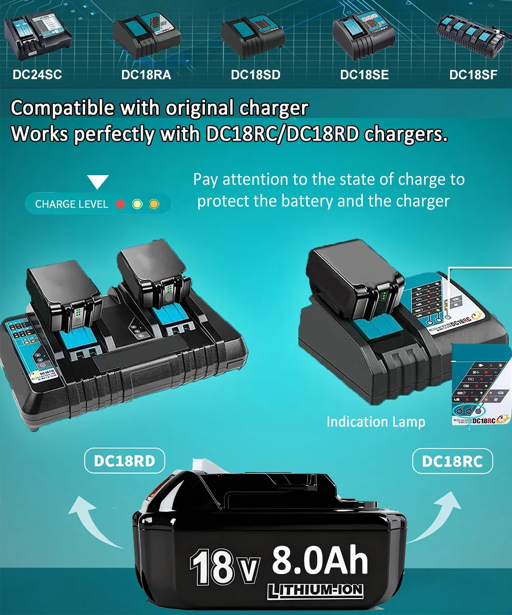 Hohe Kapazität 18V 8.0Ah/8000mAh Verbesserte 2X Ersatzakku für makita + Dual Port 6A Ladegerät DC18RD Kompatibel für BL1860B BL1850B BL1840B BL1830 BL1835 194205-3 LXT-400 with LED Werkzeugakku.