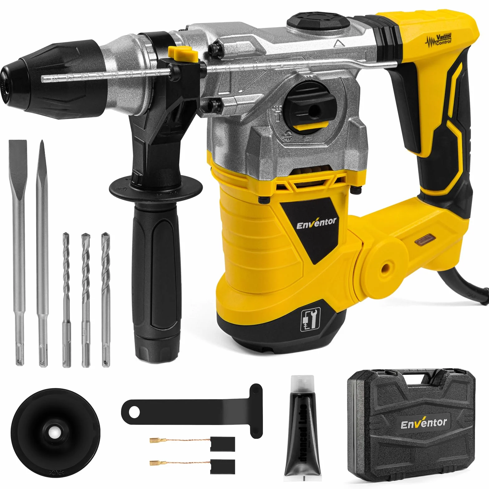 ENVENTOR SDS-Plus Bohrhammer, 1500W Schlagbohrmaschine, 6Joule Abbruchhammer mit Anti-Vibrationsgriff, Max 4500 BPM, 4 Funciones Kombihammer, Max Bohrleistung in Beton(32mm), Metall(13mm), Holz(40mm)