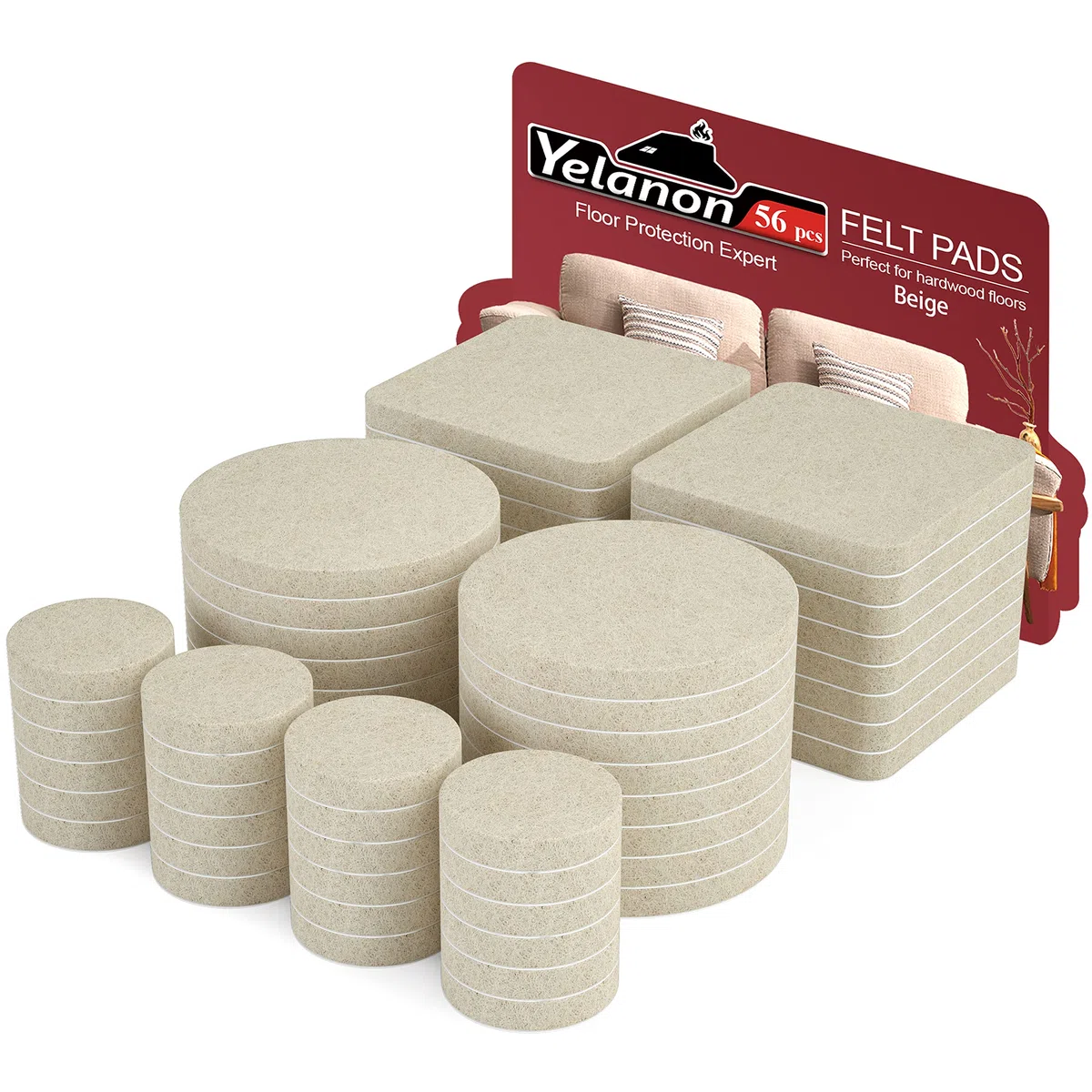Yelanon Filzgleiter Selbstklebend 56 Stück für Stühle - Filzfüße, Möbelgleiter & Parkettschoner aus Filz für Stuhlbeine und Möbel，Beige