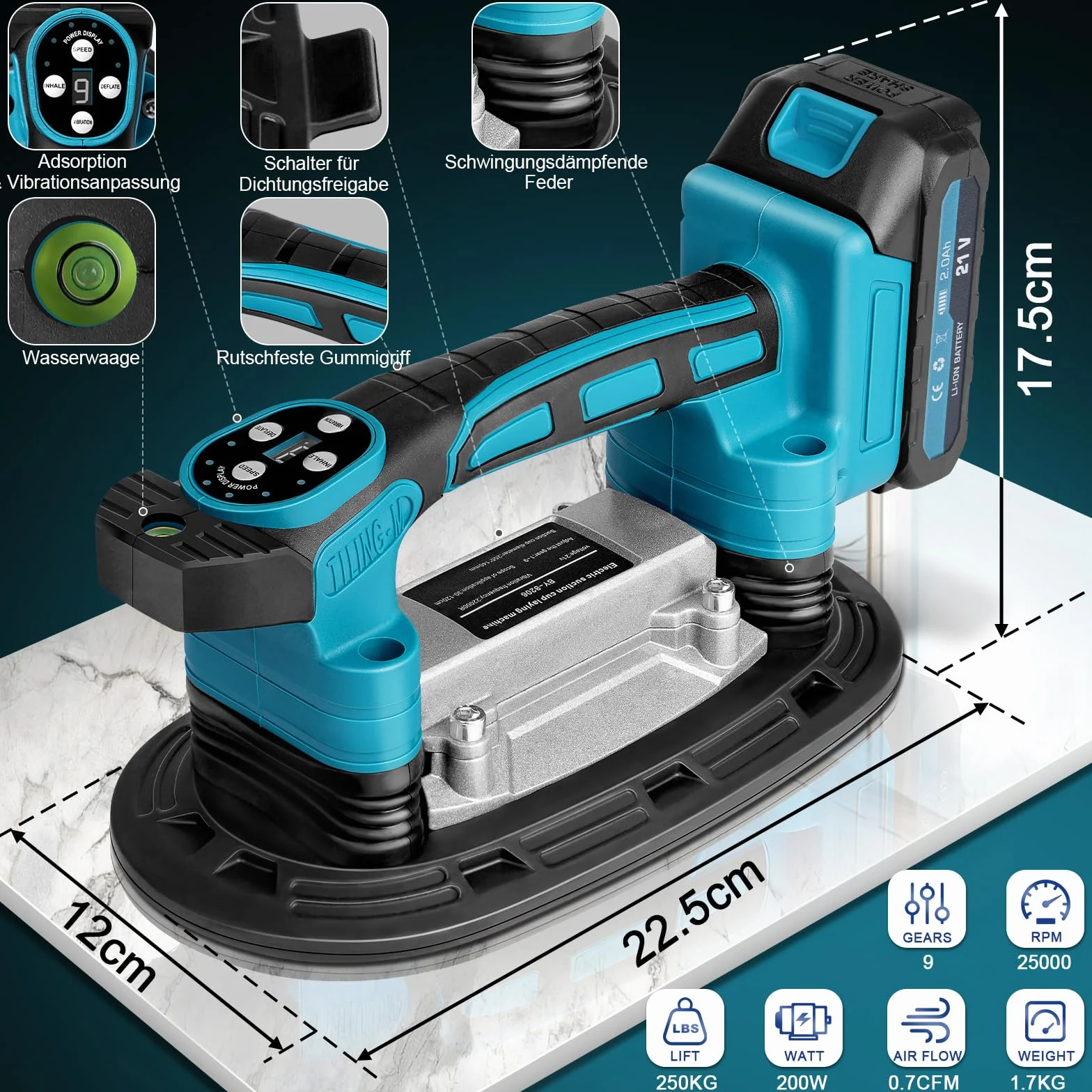 2 IN 1 Akku Fliesenrüttler & Saugnäpfen mit 2x2000mAh Akkus, Fliesenvibrator mit 22.5x12 Saugnapf | 250KG Adsorption | 9 Gang Einstellbaren 25000u/min Fliesenmaschine für 0.3-1.8m Fliesen Wandfliesen