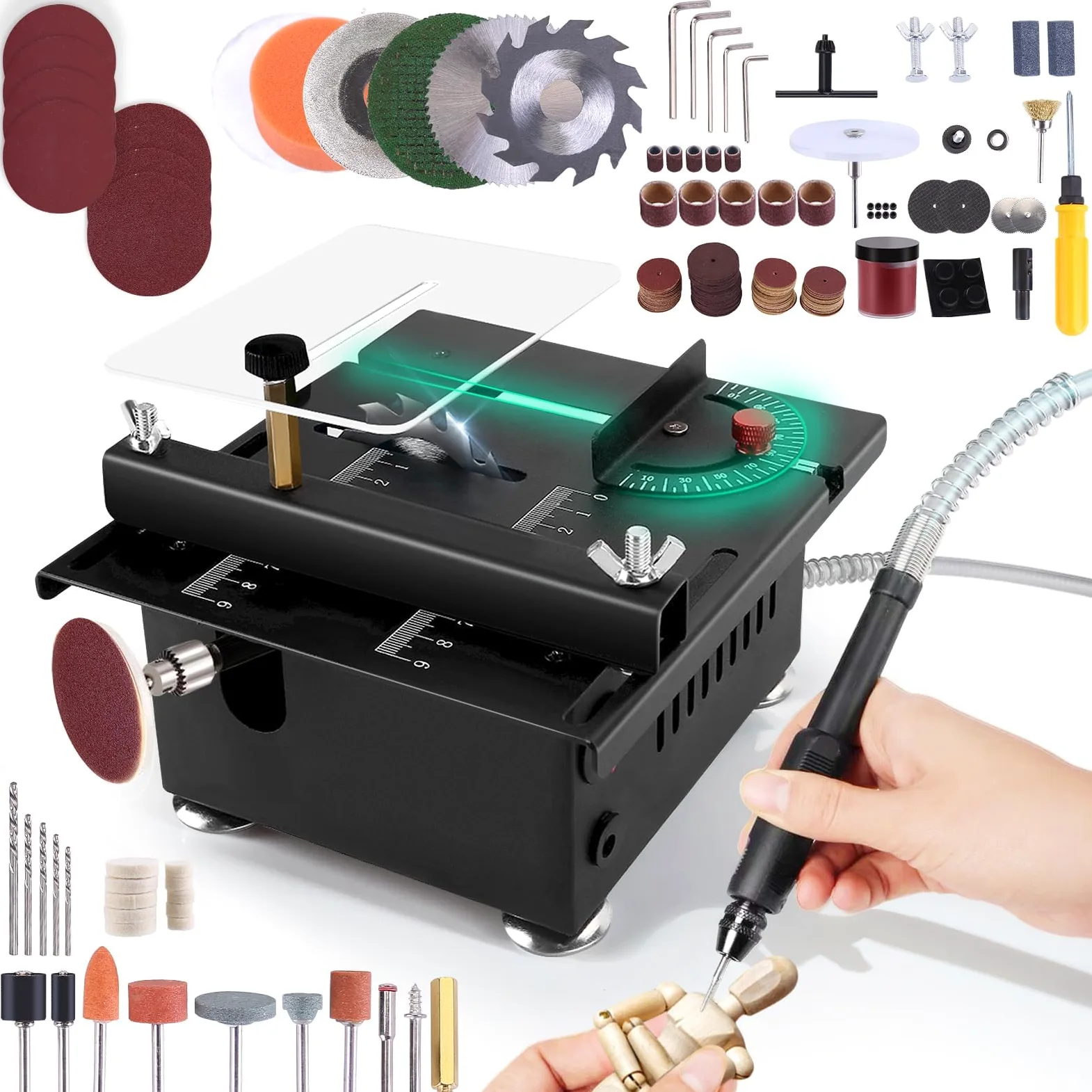 Mini Tischkreissäge, Einstellbarer Geschwindigkeit und Höhe, 100W Multifunktionale Tragbare Präzisions DIY Miniatur Tischkreissägen mit 4 Klingen, 0,1-16mm Sägeblatt,für Handwerk Handgefertigtes Holz