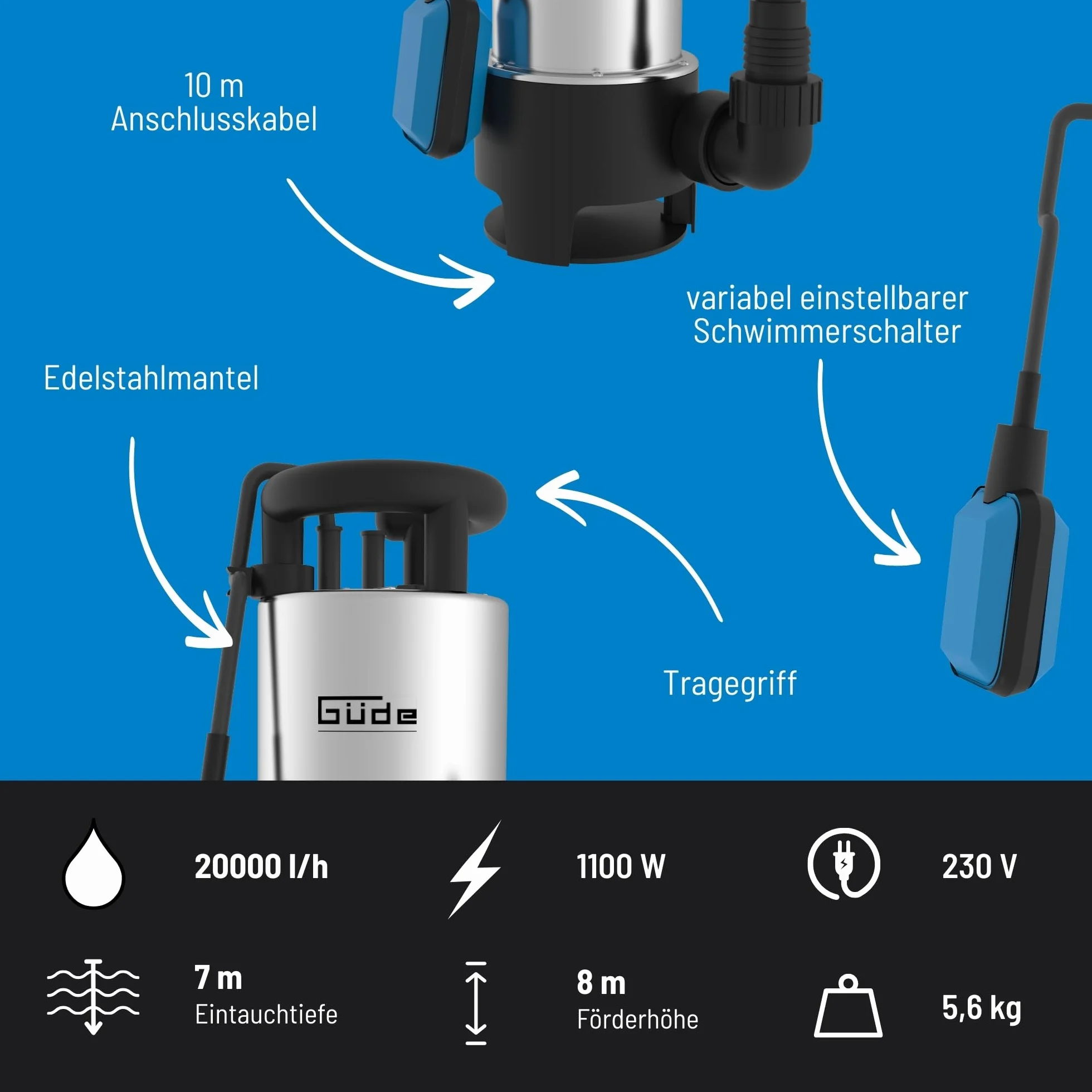 Güde Schmutzwassertauchpumpe GS 1103 PI (1100 W, Fördervolumen: 20.000 l/h, max. Förderhöhe: 8 m, max. Eintauchtiefe: 7 m, Laufrad aus Noryl, Edelstahlmantel & -welle, Thermoschutz, Schwimmerschalter)