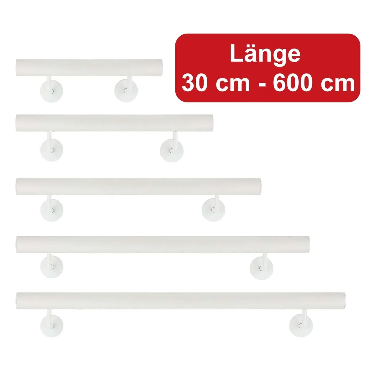 TIBU Handlauf Aluminium Weiß Geländer 30-600cm Wandhandlauf Treppe gewinkelte Edelstahlhalter, Länge 240 cm mit 3 Halter und gerade Kappe