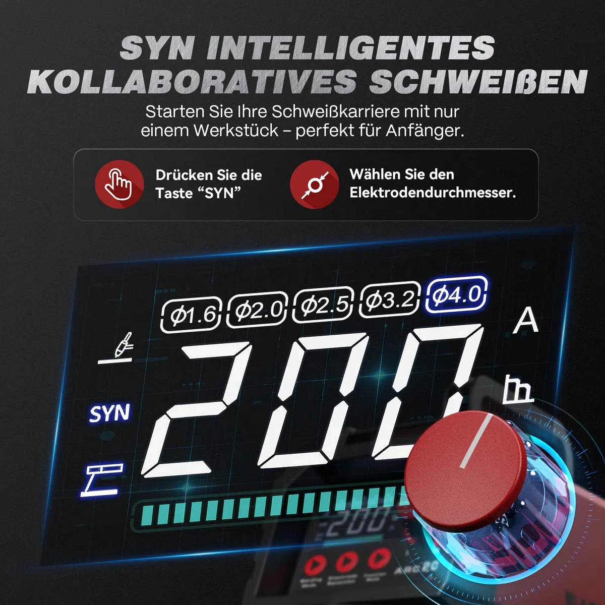 ARCCAPTAIN Schweißgerät ARC 200A mit LED-Anzeige SYN Steuerung, Elektroden Schweißgerät Stützen mit Lift TIG, Inverter Schweißgerät MMA IGBT, Tragbar und kompakt, Anti-Stick, Überhitzungsschutz