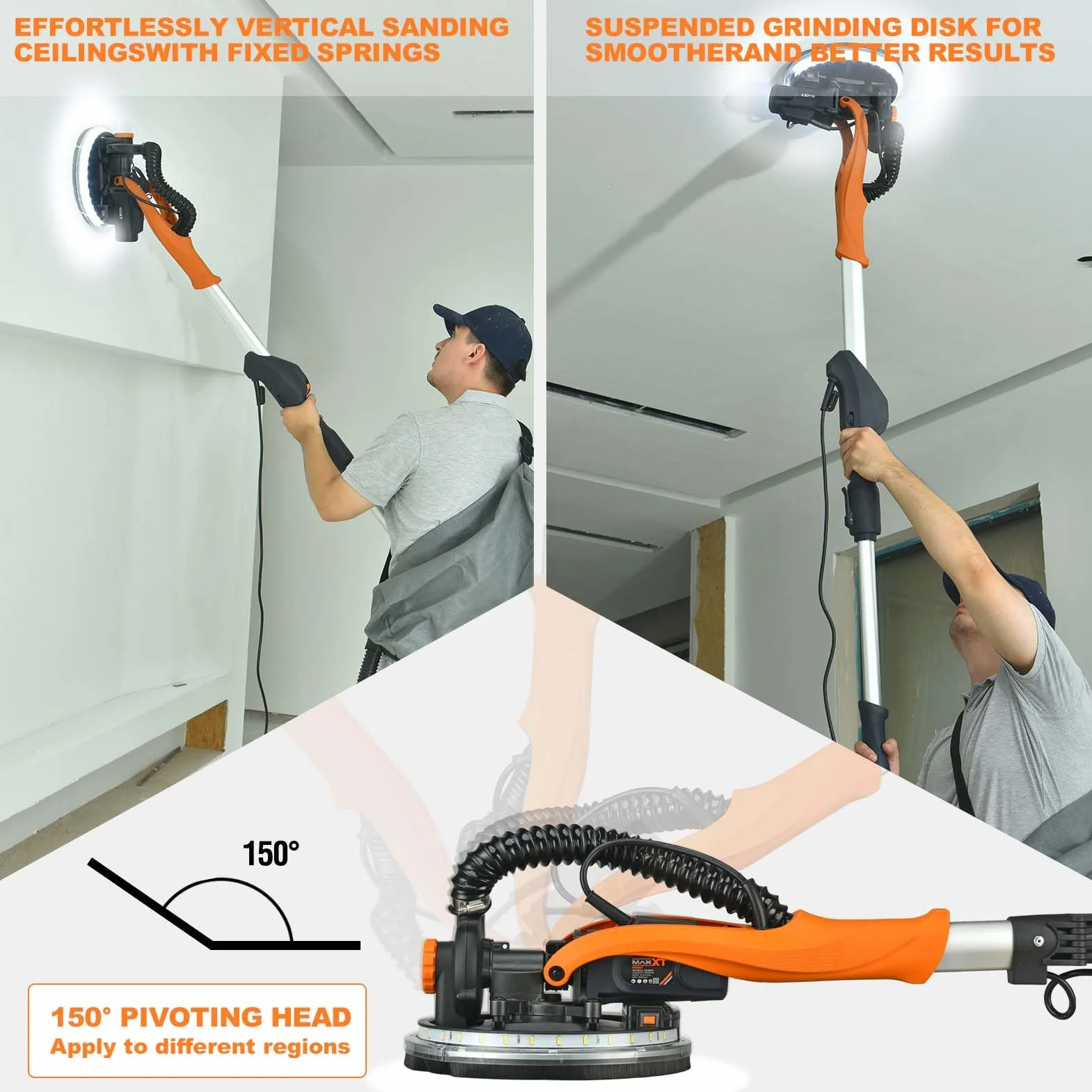 MAXXT 820W Trockenbauschleifer mit Ring-LED-Beleuchtung | Klappgriff + Verlängerungsrohr(bis 165cm) | 215mm Schleifplatte & 225mm Schleifpapier | 600-1900 U/min | six dust bag