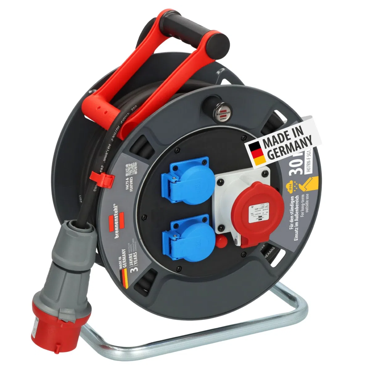 Brennenstuhl Garant CEE 1 V2 IP44 Kabeltrommel (CEE-Kabeltrommel mit 30m Kabel in schwarz, ständiger Einsatz im Außenbereich IP44, Made in Germany)