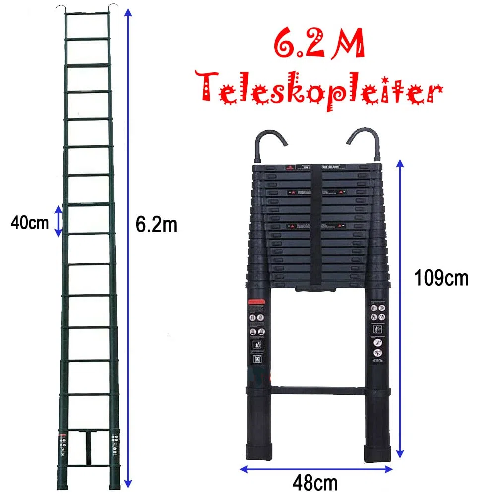 Teleskopleiter mit Haken, 6,2m Alu Klappleiter Aluminium Leiter, Ausziehbar Schiebeleiter, Rutschfester Aluleiter Mehrzweckleiter Ausziehleiter, aus hochwertigem Aluminium, 150kg Tragkraft