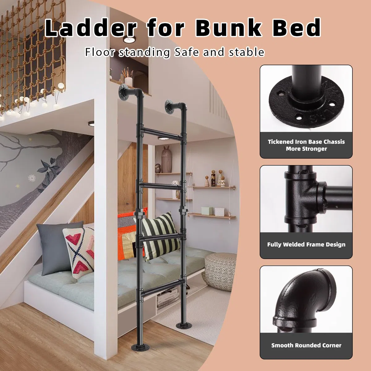 4-Sprossen Wandleiter aus schwarzem Metall, 146 cm/4.8FT, bis 150 kg belastbar, Wand- und Bodenmontage, Robuste Ausstiegsleiter für Etagenbett, Loft, Dachboden, und Kellerfensterschacht