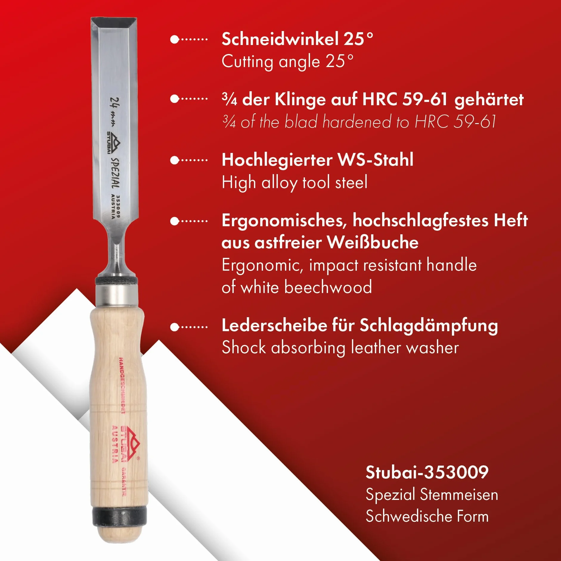 STUBAI Spezial Stemmeisensatz | schwedische Form | 6-teilig (6/10/13/16/20/26 mm) | Weißbuchen-Holzheft, polierte Spiegelflächen, Seitenfasen, Profi-Beitel-Set für präzise Holzbearbeitung
