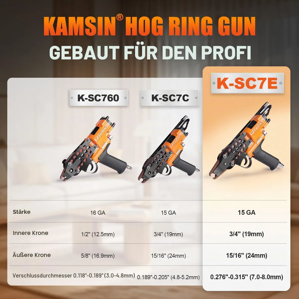 KAMSIN K-SC7E 15GA Pneumatische C Ring zange, 19 mm Krone 7,0 mm Verschluss Schweinering-zange für Gabionen, Zäune, Tierkäfige, Fallen und Befüllungsarbeiten