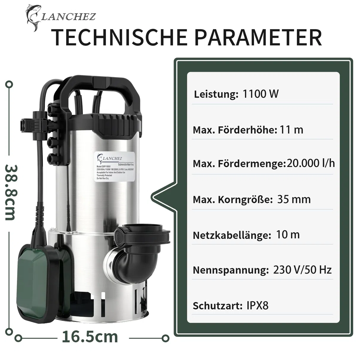 LANCHEZ Edelstahl Schmutzwassertauchpumpe 1100W, 20.000 l/h, Förderhöhe 11 m, Max durchlässige Partikelgröße: 3,5 cm, Einstellbarer Schwimmerschalter, Thermoschutz, für Pool, Schacht, Garten