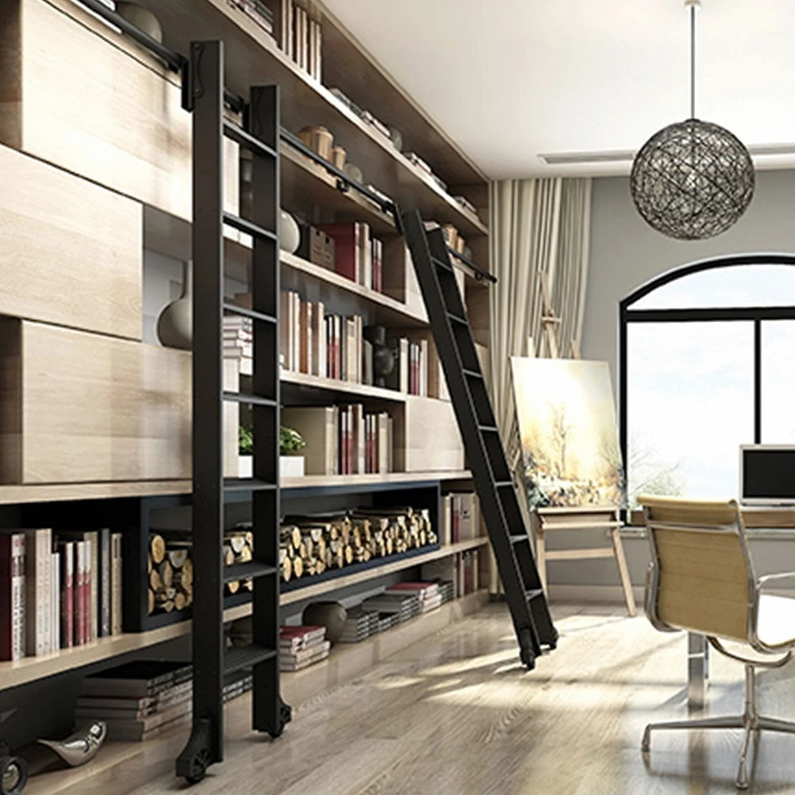 Retactable Rolling Ladder Hardware Library Slide Ladder Hardware Kit, Black Steel Rolling Library Leiter Hardware, Home/Office/Bibliothek Scheune Style Sliding Track Kit