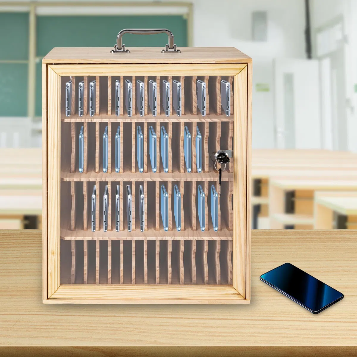 Handyaufbewahrung, Persönliche Aufbewahrungsbox Mit 12/15/20/25/30/40 Steckplätzen, Transparentes Handyschließfach Mit Schloss, Desktop-Handy-Aufbewahrungsschrank (Wood, 24 Slots)