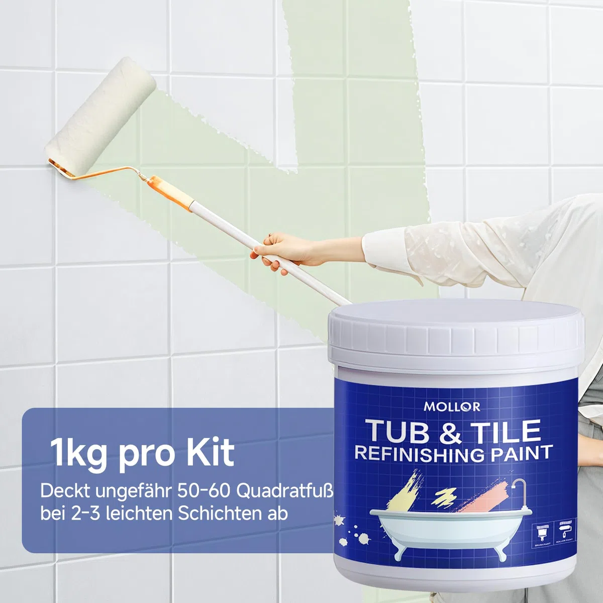 Badewannenlack Weiß 1kg, Fliesenfarbe Badezimmer Fliesenlack, Hochdeckende, wasserbeständige Badewannenfarbe, Badewannen Reparaturset weiß,ideal für Badewanne, Duschwanne und Waschbecken