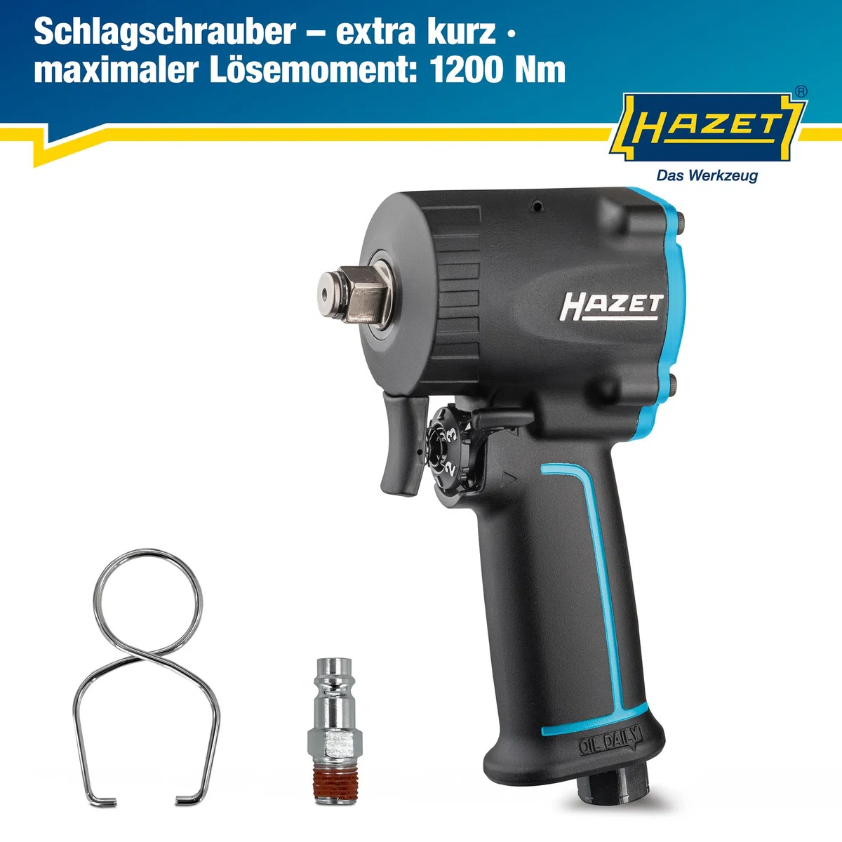 Hazet Druckluft-Schlagschrauber 9012M-1 I extra kurz - nur 80 mm, Max. Lösemoment: 1200 Nm, Vierkant 12,5 mm (1/2 Zoll), Betriebsdruck: 6,3 Bar I kompakte Bauweise für Arbeiten in beengten Räumen