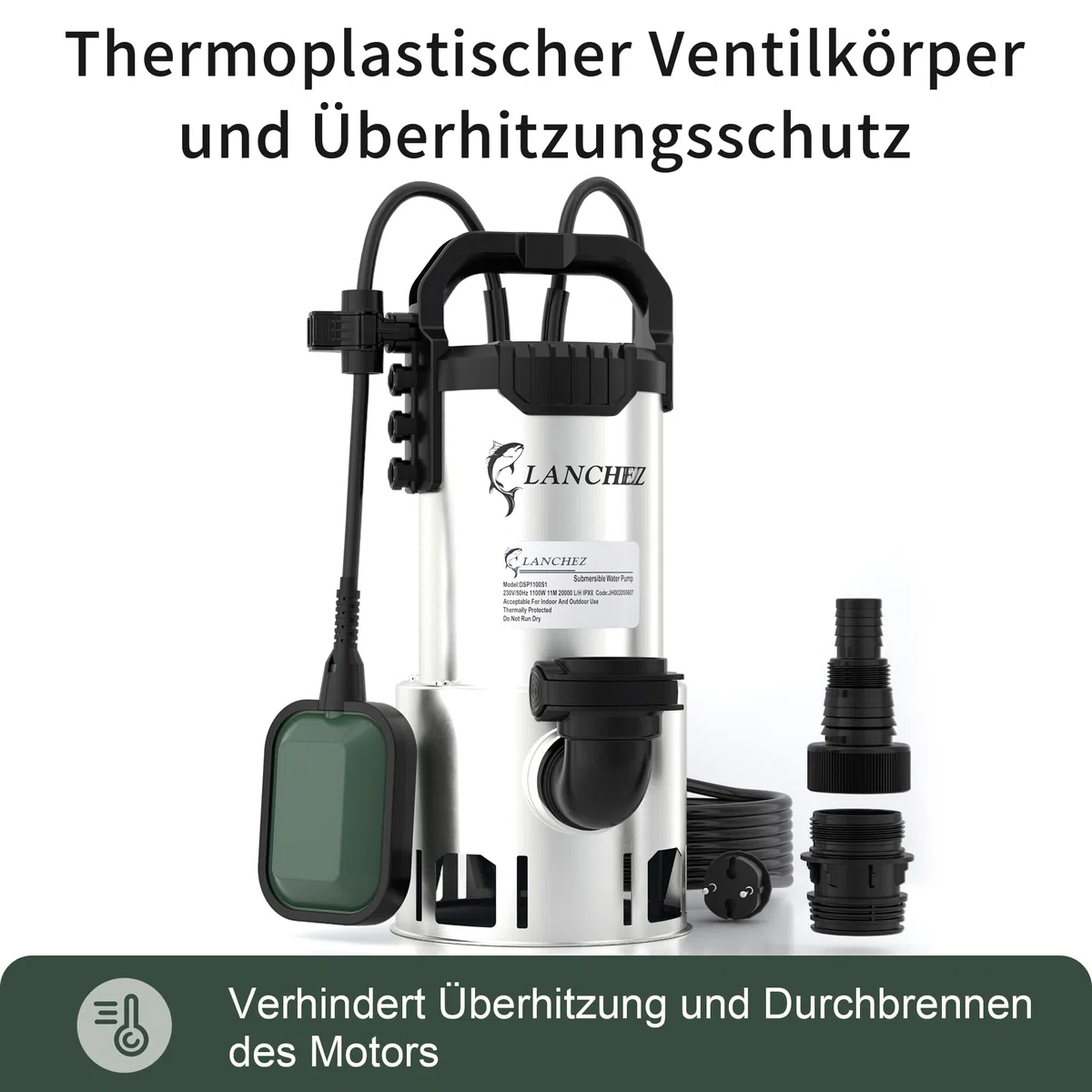 LANCHEZ Edelstahl Schmutzwassertauchpumpe 1100W, 20.000 l/h, Förderhöhe 11 m, Max durchlässige Partikelgröße: 3,5 cm, Einstellbarer Schwimmerschalter, Thermoschutz, für Pool, Schacht, Garten