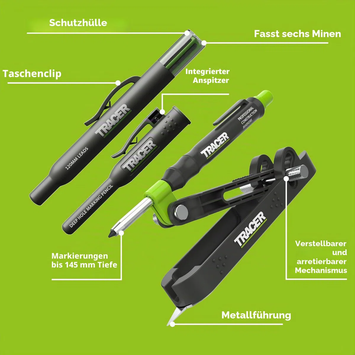 Tracer ProScribe Anreißwerkzeug Set – Multifunktions-Ritzgerät mit Tieflochmarker, 6 Ersatzminenhalter & Tasche | 15 Markieranwendungen | Anreißgerät für Holz, Fliesen & Metall