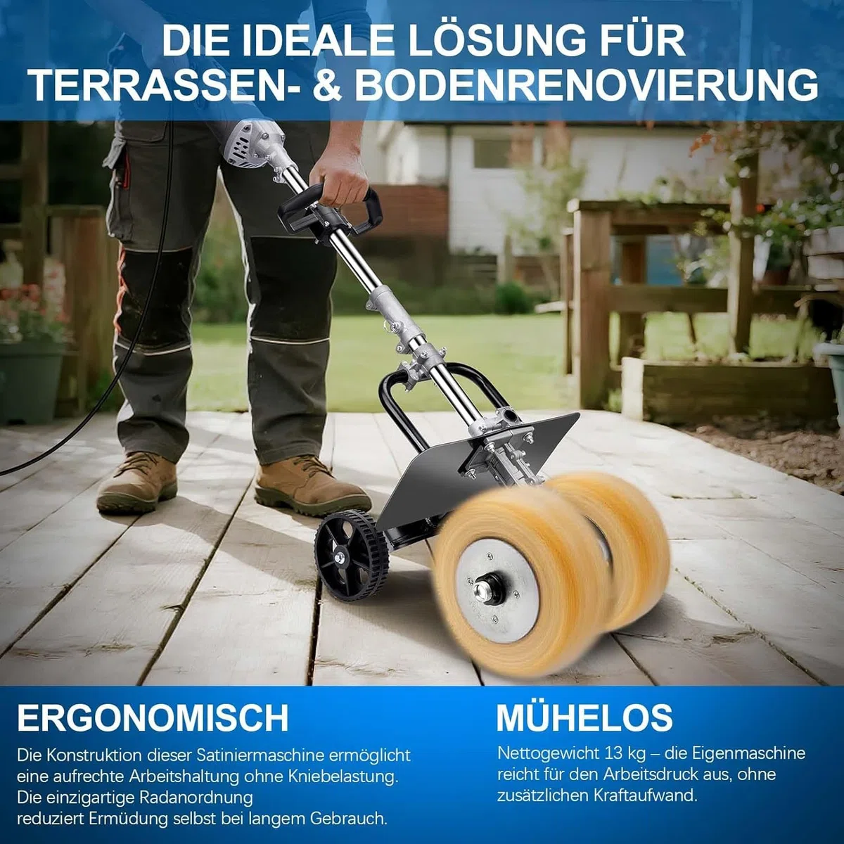 3850W 6in1 Satiniermaschine für Holz Metall, Unkrautentferner zum Fugen | 2X Ø180mm Schleifbürste, 4000RPM, 6 Stufen, Schleifmaschine mit Lang Griff, Bürstenschleifer zur Renovierung von Oberflächen