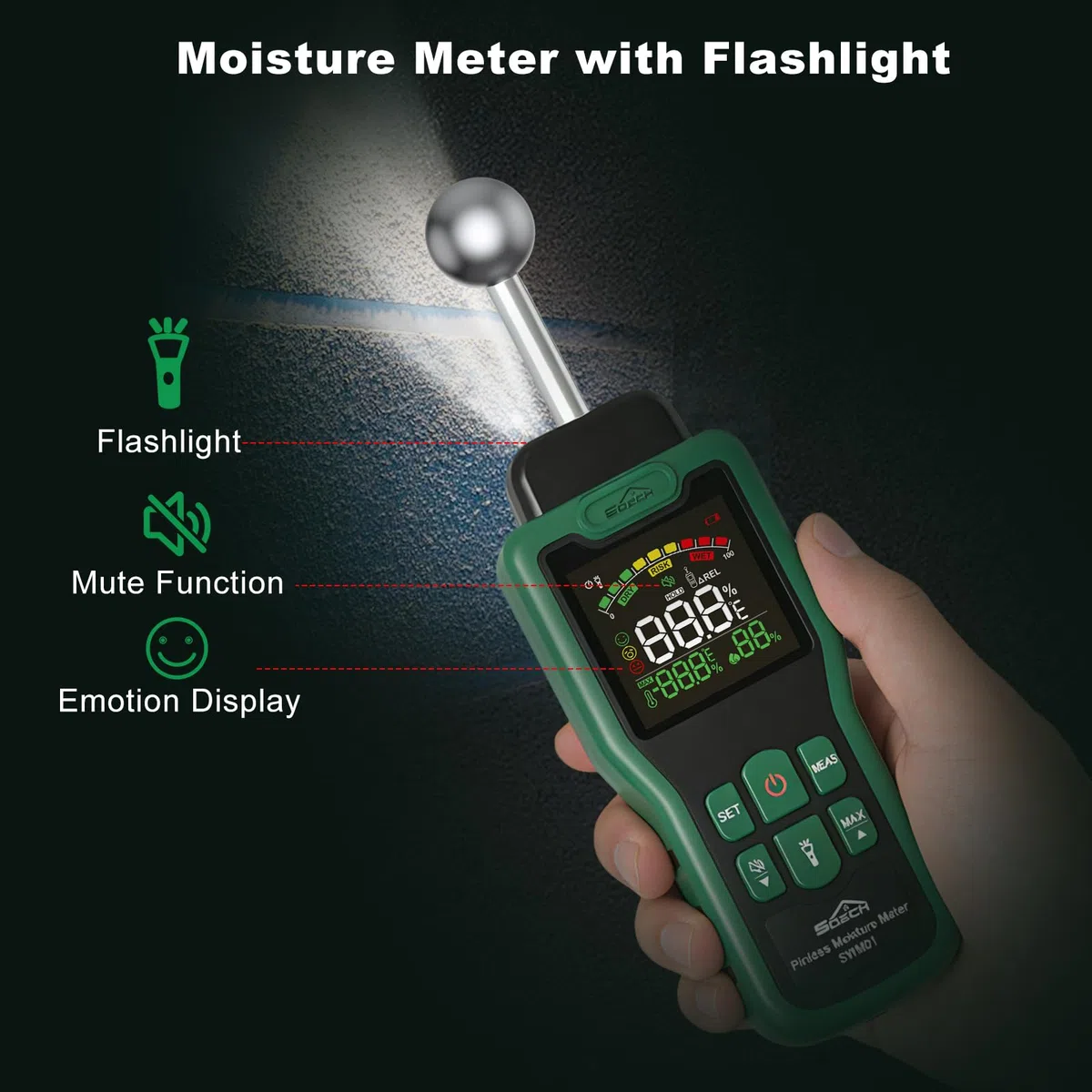 Feuchtigkeitsmessgerät, SQECH Feuchtigkeitsmesser mit Thermometer, Taschenlampe, Alarm, Multifunktionaler Feuchtemessgerät mit Farb-LCD, für Wand, Holz, Mauerwerk,Wohnwagen, Wohnung