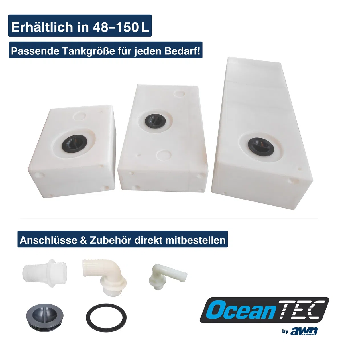 OceanTEC Frischwassertank, Trinkwassertank 105 Liter - lebensmittelecht & stabil, Wassertank mit Inspektionsdeckel & Anschlussmöglichkeiten, liegend oder stehend, Für Wohnwagen, Camper, Boot