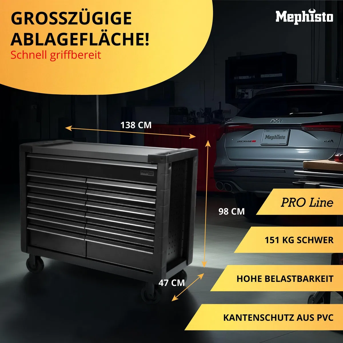 Mephisto Pro-Line Werkzeugwagen Werkstattwagen Double Full Black gefüllt mit 13 Schubfächern inkl. Werkzeug wie VDE Zangen, Steckschlüssel, Ratschen in Soft Inlays in Carbon Lock
