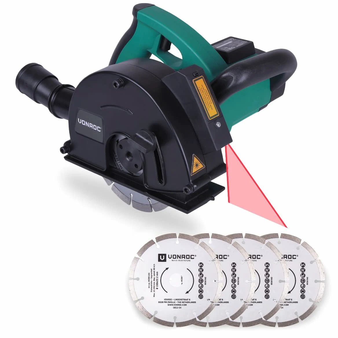 VONROC Mauernutfräse Schlitzfräse Laser mit Absaughaube - Mauerfräse 1700W - Schlitzmaschine für 150mm Kabelnut - Nutfräser, Fugenfräse inklusive 6 Diamantscheiben