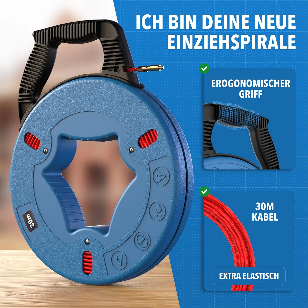 Einziehspirale 30 m – Fiberglas Kabeleinziehhilfe mit Kupferkopf & 5 Zubehörteilen – Kabel Einzugshilfe für Leerrohr, Elektro & Glasfaser – Zugdraht Orange, Griff Schwarz (30)