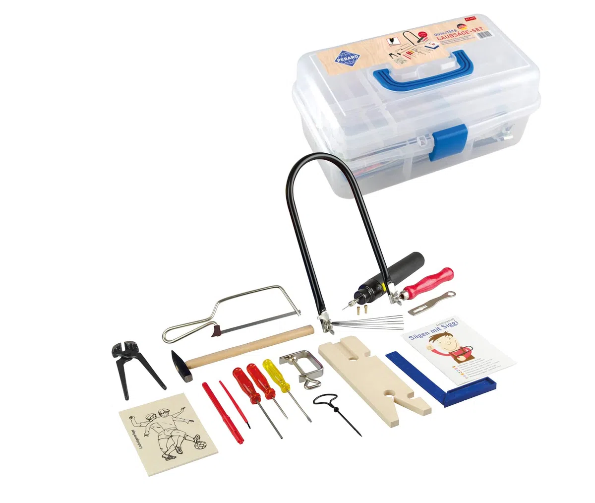 Pebaro 641S Laubsäge in Kunststoffbox, 27 Teile, praktischer Koffer, ausklappbare Fächer, komplettes Set, Laubsägebogen made in Germany, Bohrmaschine, Basteln mit Holz, Geschenkidee für Kinder