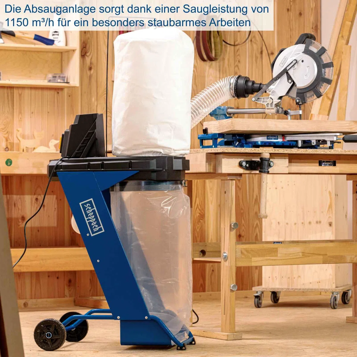 Scheppach Absauganlage DC500 Späneabsaugung mit 4 tlg. Adapterset | Luftleistung 1150m3/h | Auffangsack 75L | Unterdruck 900Pa | Leistung 550W | Schlauchlänge 2m | Fahrvorrichtung & Metallkonstruktion