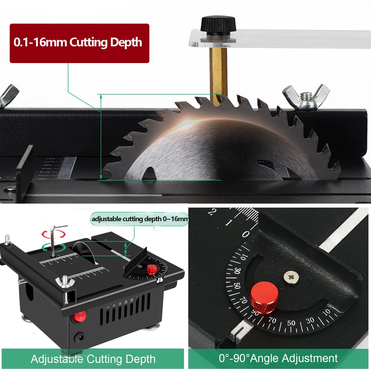 Mini Tischkreissäge, Einstellbarer Geschwindigkeit und Höhe, 100W Multifunktionale Tragbare Präzisions DIY Miniatur Tischkreissägen mit 4 Klingen, 0,1-16mm Sägeblatt,für Handwerk Handgefertigtes Holz