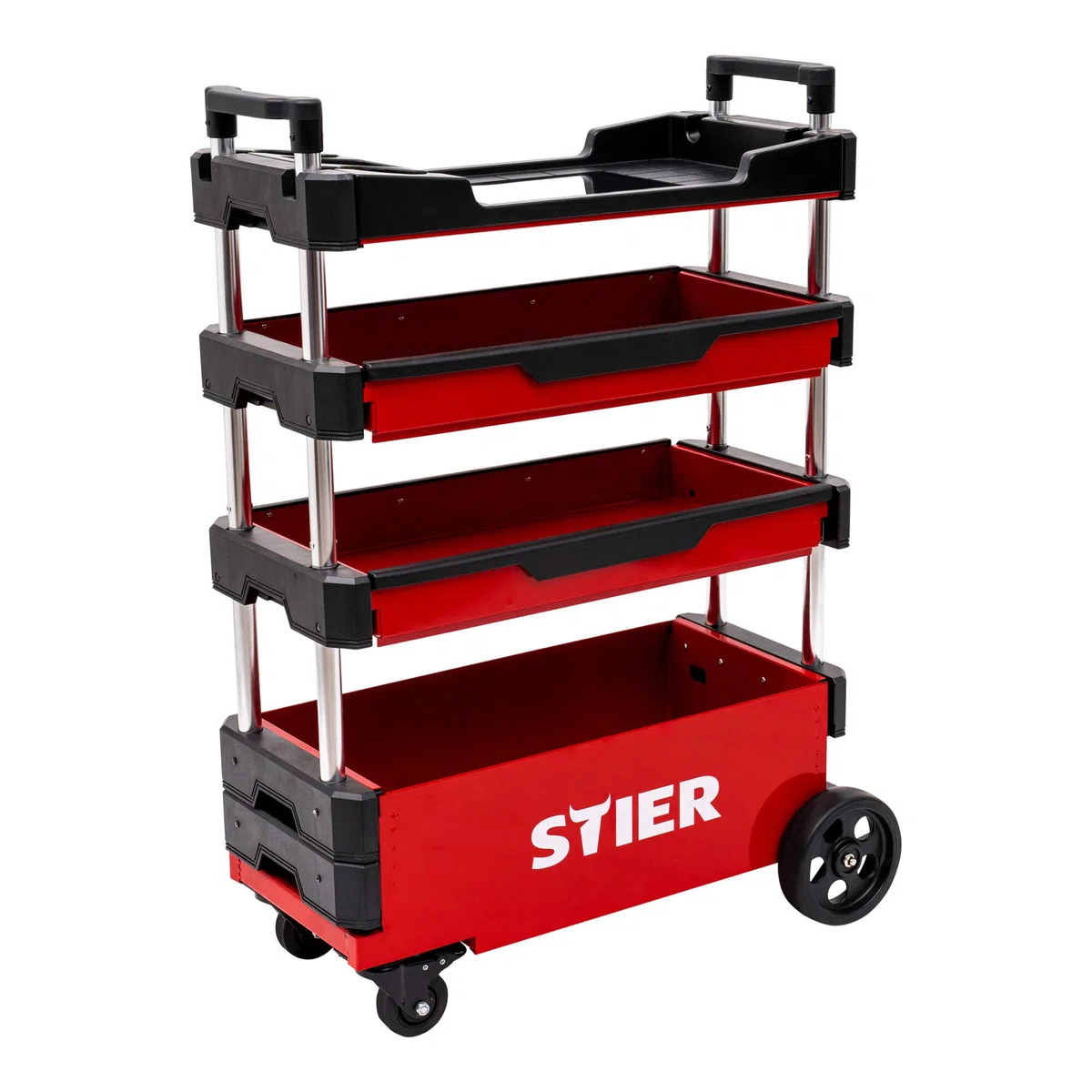 STIER Montagewagen, klappbar, 80kg Tragkraft, LxBxH 700x380x535 eingefahren, LxBxH 700x380x900mm ausgefahren, rollende Werkstatt, für Kleinteile und große Werkzeuge, Werkzeugkasten leer