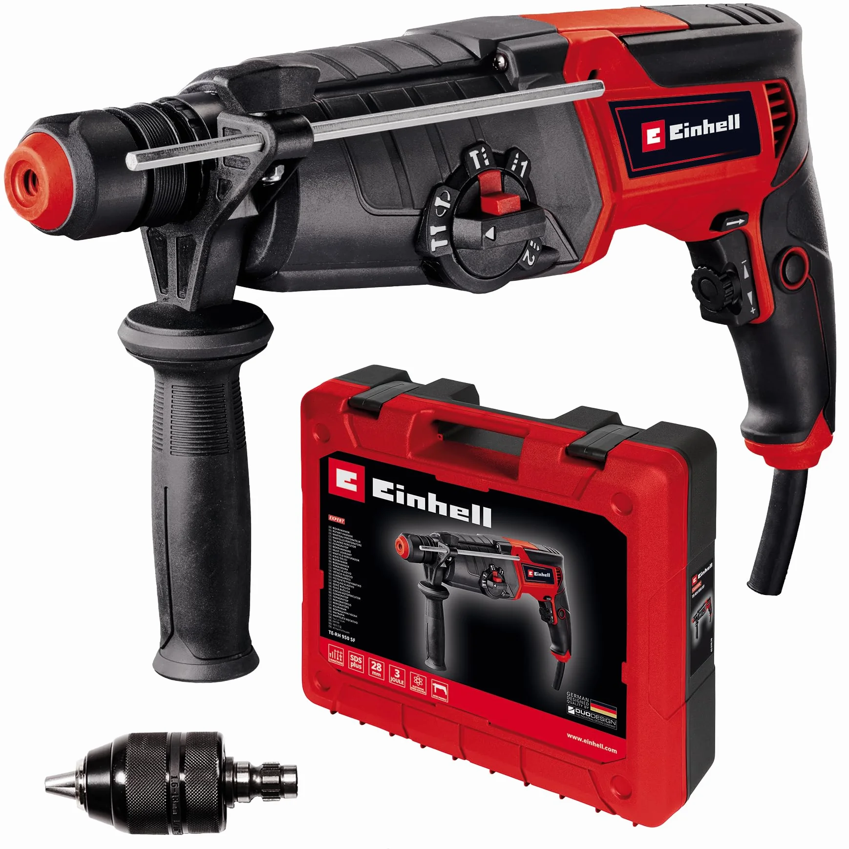 Einhell Bohrhammer TE-RH 950 5F (950 W, 2-Gang-Getriebe, Schlagstärke 3 J, SDS-plus-Aufnahme, Bohrleistung Beton 28 mm, Bohrtiefenanschlag, Lieferung im Koffer)