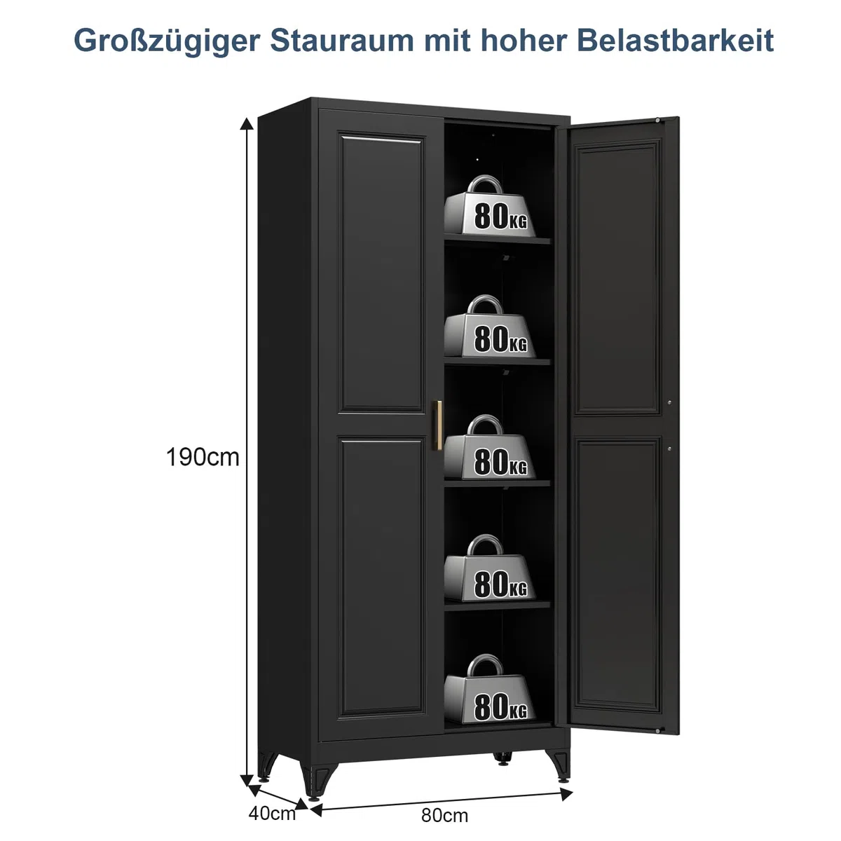 Metallschrank,190 x 80 x 40 cm Aktenschrank mit 4 verstellbaren Einlegeböden Stahlschrank Aufbewahrungsschrank mit 2 Türen Mehrzweckschrank für Schule Haus Büro Garage Schwarz