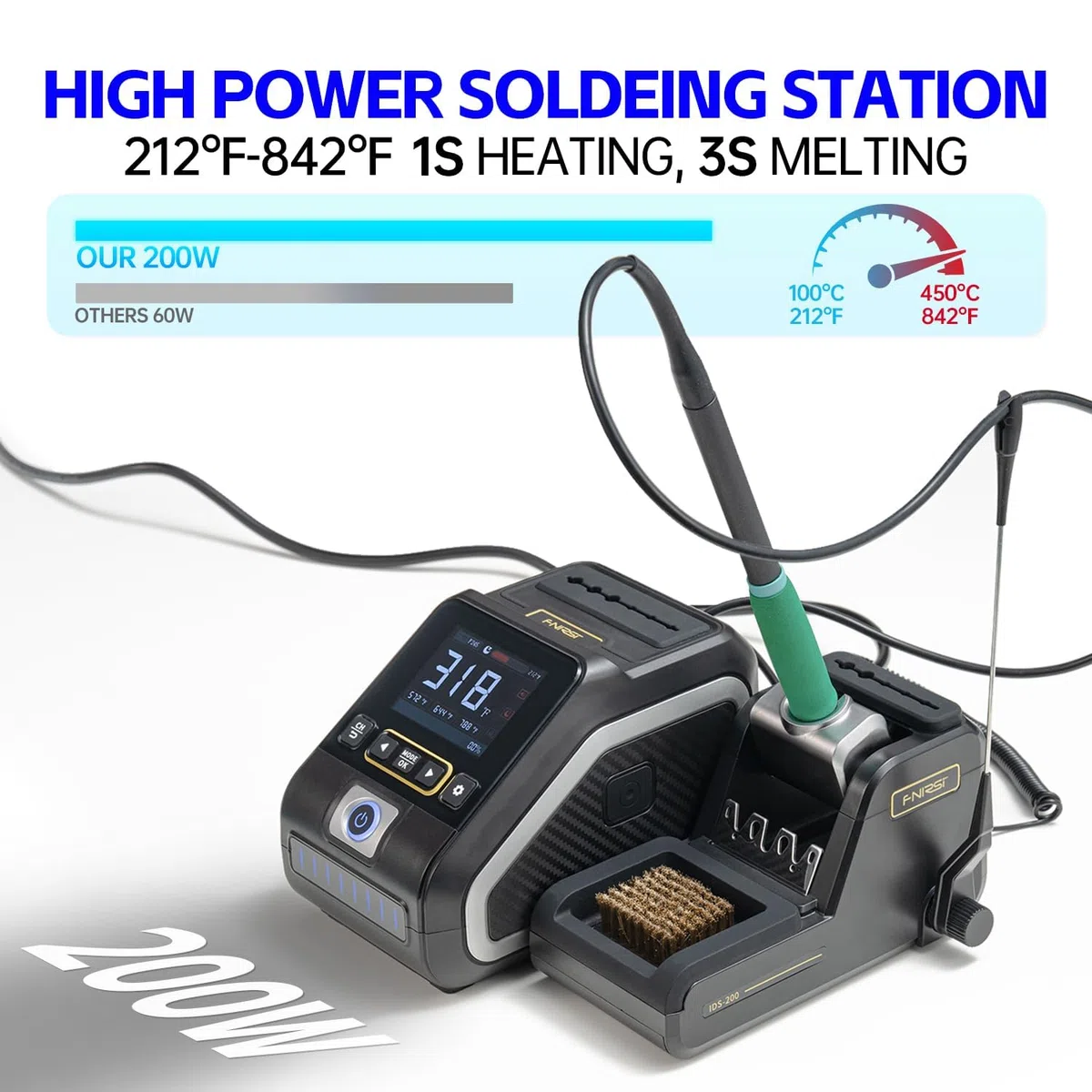 FNIRSI DWS-200 200W Digitale Lötstation Set mit 9 Lötspitzen (F210*3 & F245*6) sowie 2 Lötspitzenhaltern, Temperaturanzeige & Temperaturkurvenmodus, 3 Temperaturspeichermodi, 2,8-Zoll-TFT-HD-Display.