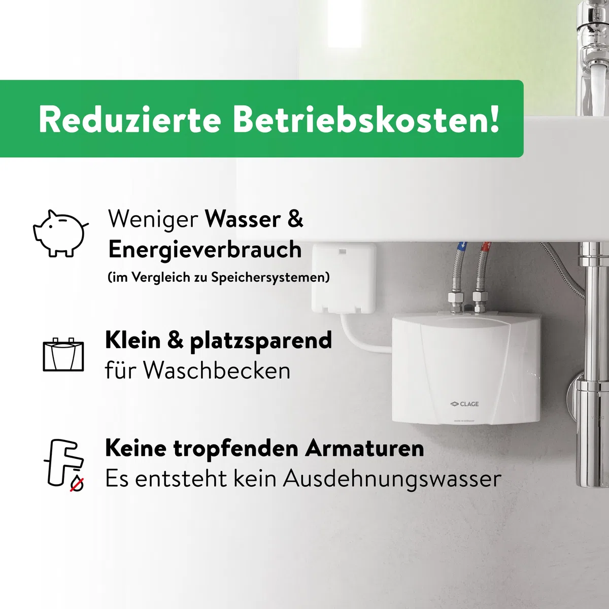 CLAGE MBH4 hydraulischer Klein-Durchlauferhitzer fürs Handwaschbecken, 4,4 kW, mit Stecker, druckfest + drucklos, VDE-GS geprüft, 1500-16004