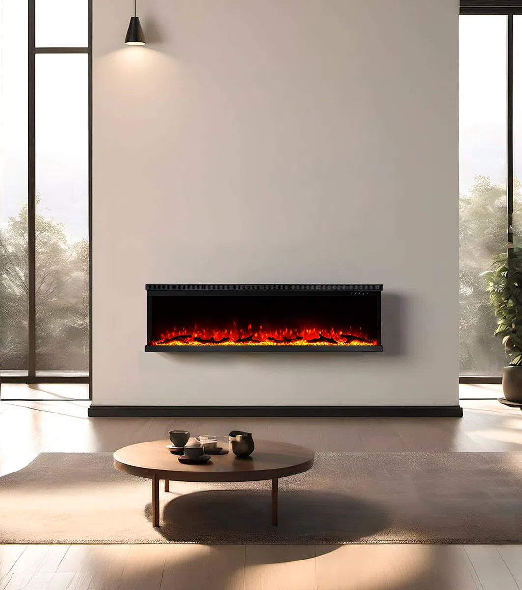 M.C.Haus 3-seitiger Luxus-Elektrokamin mit 3 Installationsmöglichkeiten, Einbaukamin an Multi-Media-Wand, Elektrischer Flammeneffekt mit 9 Farben, 1800W, 153cm/60inch, Schwarz