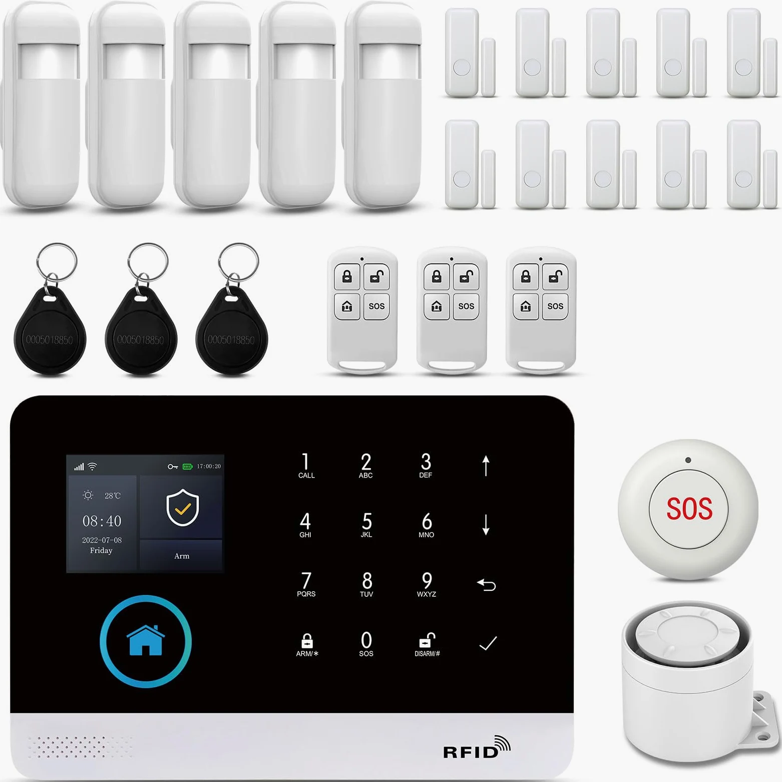 GSM + WLAN Alarmanlage für Haus & Wohnung, 24 Stück Smart Komplettsysteme mit App, 120dB Sirene, Tür- und Fenstersensoren, Bewegungsmeldern, Fernbedienungen, Funktioniert mit Alexa