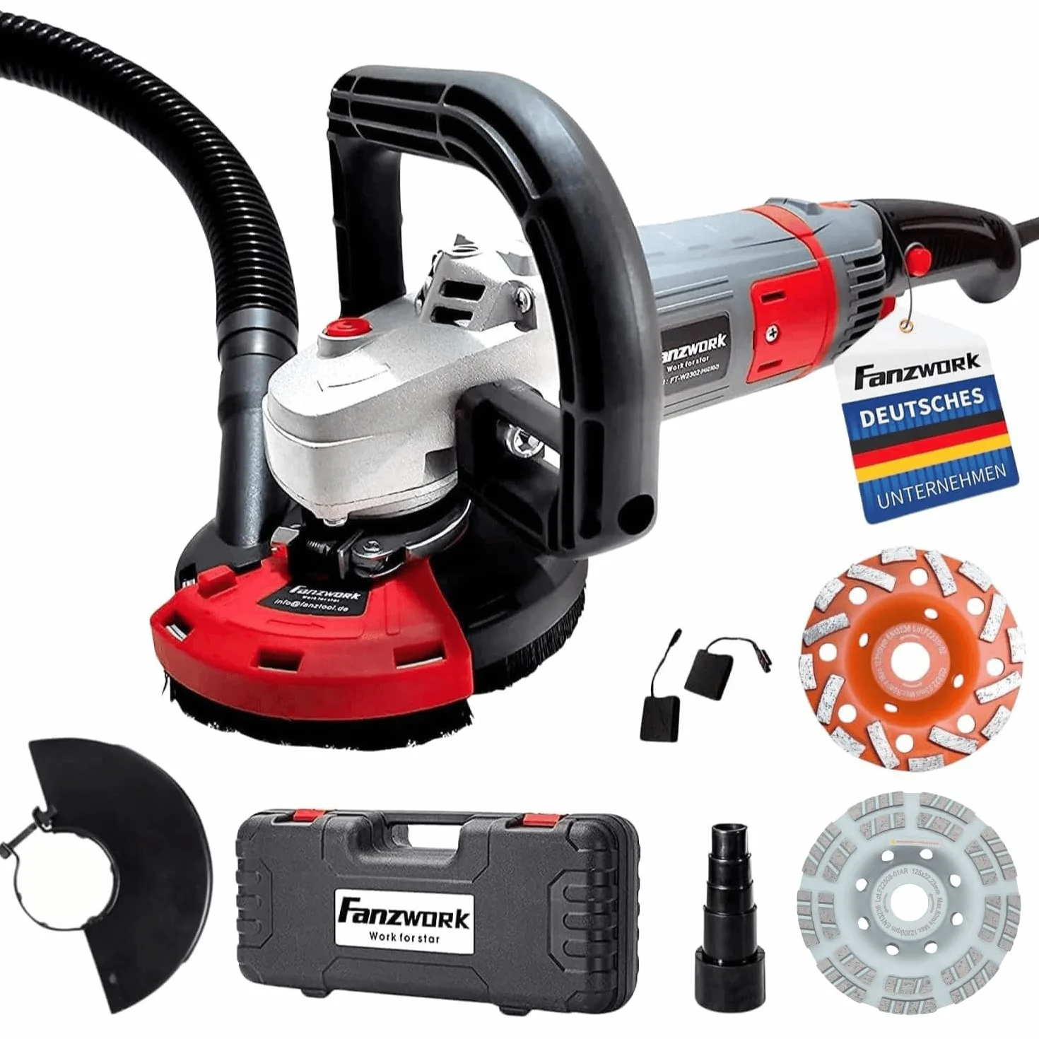 FANZWORK Betonschleifer Betonfräse Sanierungsfräse Set mit Diamantschleiftopf und Absaughaube, mit Drehzahlregelung (1500W/125mm+)