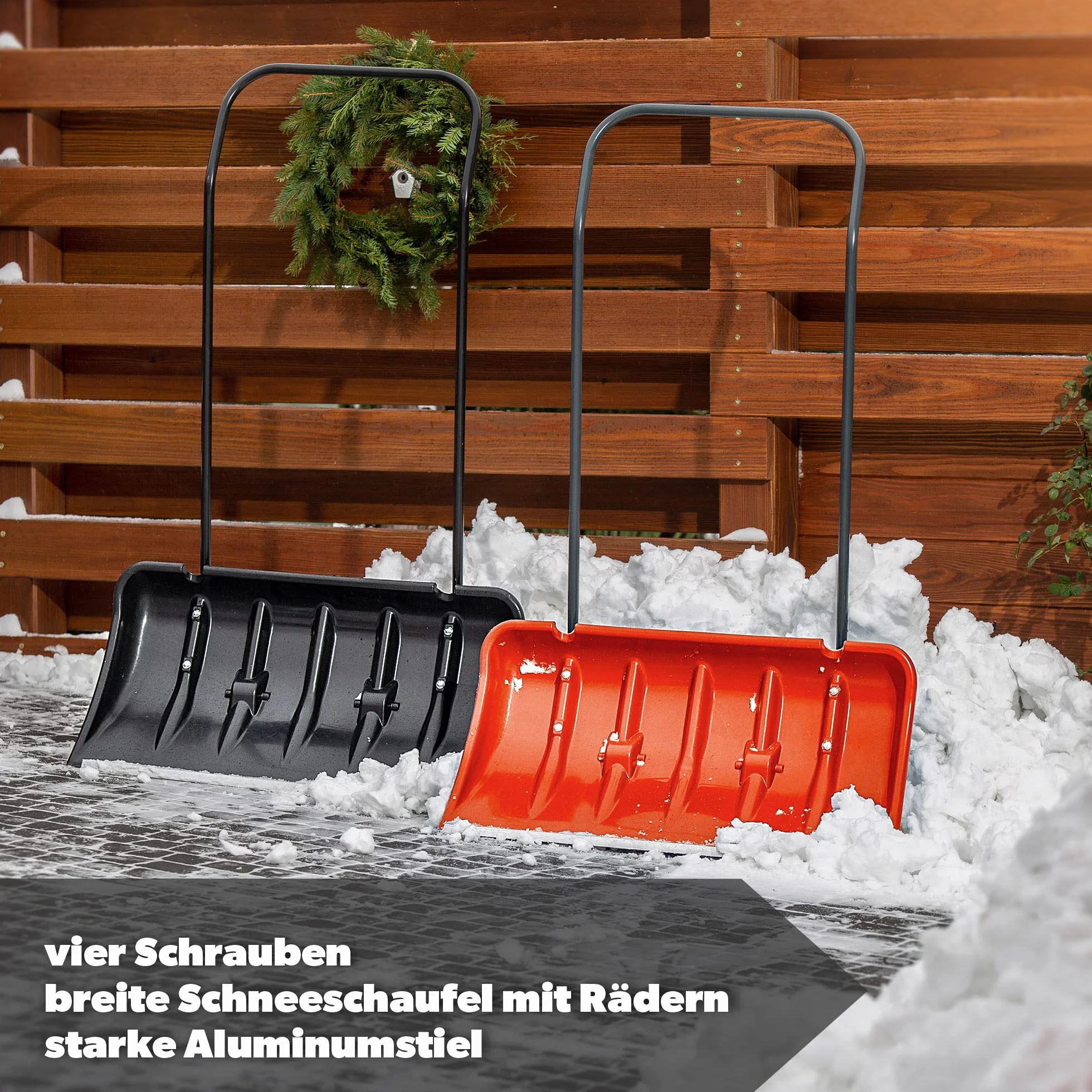 KADAX Schneeschieber mit Alu-Profilkante, breite Schneeschaufel mit Rädern, Schaufel mit Metallgriff, Schneeschippe mit Kunststoff-Blatt, Schneeräumer (Orange 2)