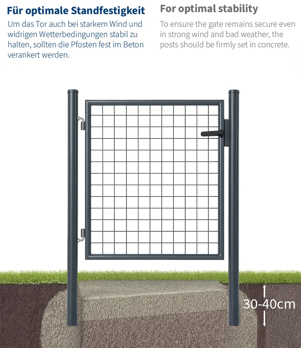 ATTAS Gartentor Metall | 125x100, anthrazit, inkl. Schloss und 3 Schlüssel abschließbar| Zauntür, Gartentür für Doppelstabmattenzaun Tor, Zauntor Metall, Hoftor, Rund